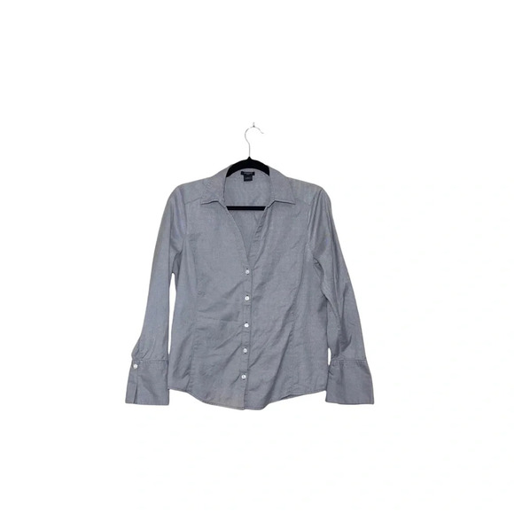 Ann Taylor Factory Gray & White Striped Split Neck Button Down Top 10 Women’s - Picture 11 of 11